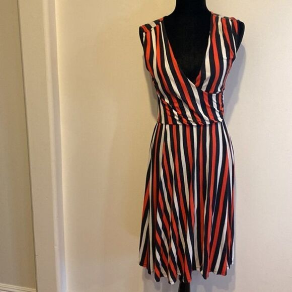 Gap Midi color block strip navy/red print work dress Faux wrap jersey XS - Picture 2 of 8
